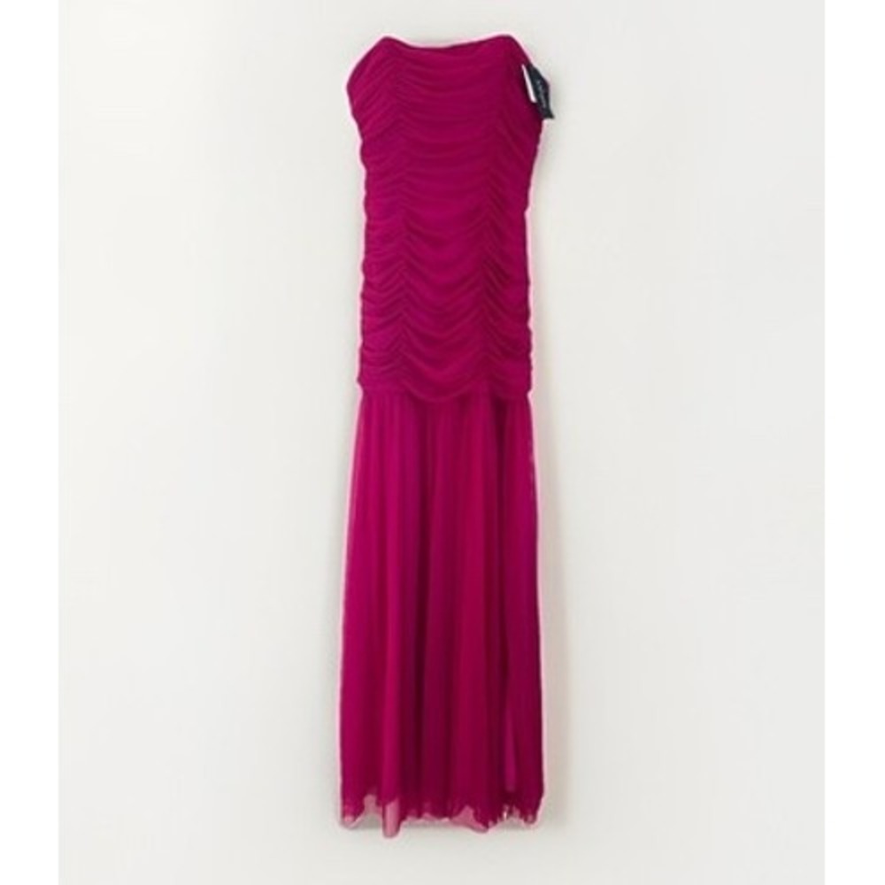 Xscape Womens Raspberry Pink Ruched Mesh Strapless Evening Gown Dress NWT Size10